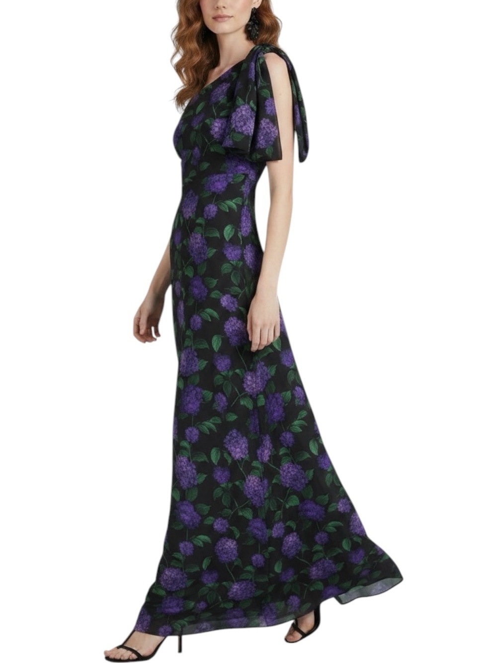 NWT SACHIN + BABI Black & Purple Sleeveless One Shoulder Bow Dress Gown Size 6